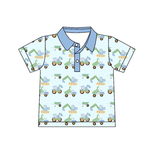 preorder BT1262 cartoon construction truck blue short sleeve boys top