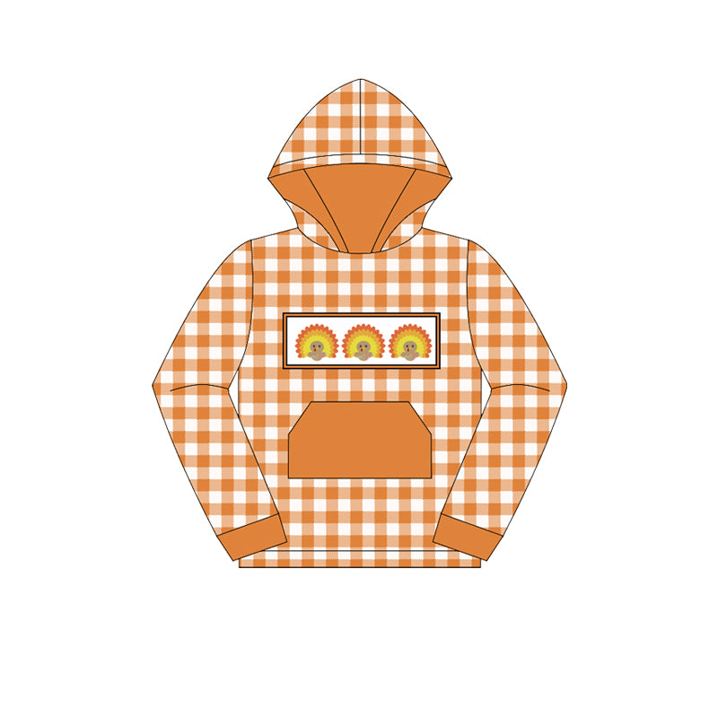 preorder BT1283 Thanksgiving turkey orange dot checkered hoodie pocket long sleeve boys top