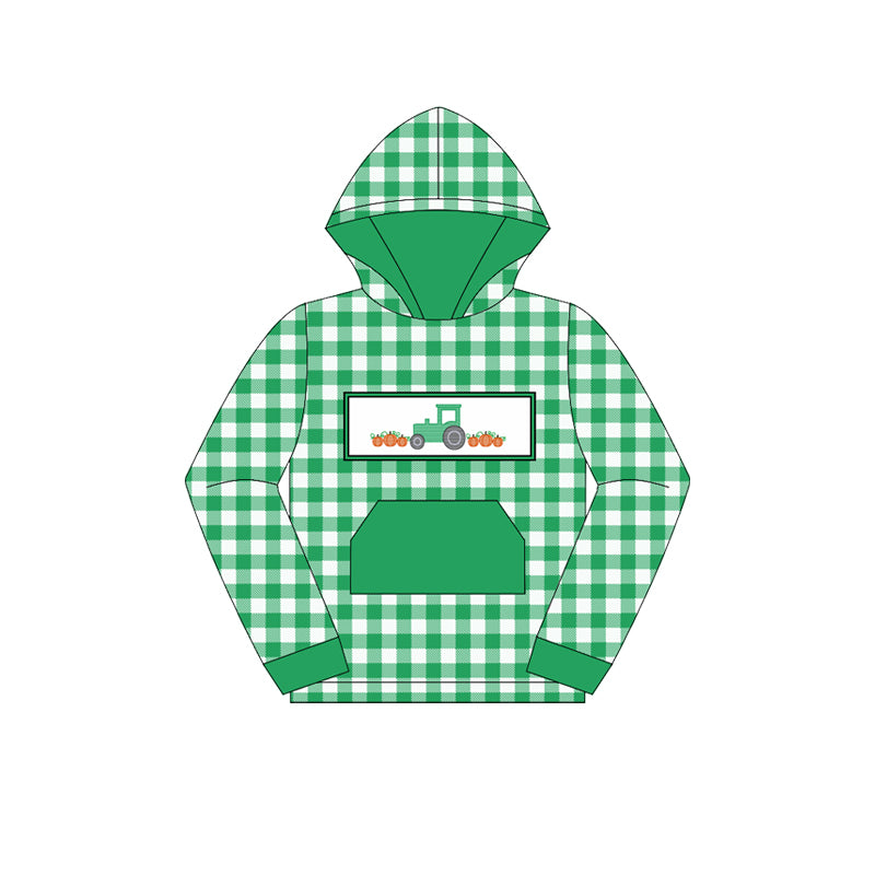 preorder BT1284 farm tractor pumpkin green dot checkered hoodie pocket long sleeve boys top