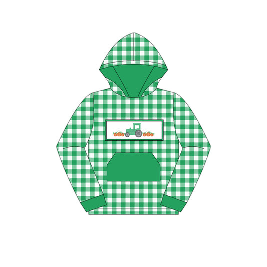 preorder BT1284 farm tractor pumpkin green dot checkered hoodie pocket long sleeve boys top