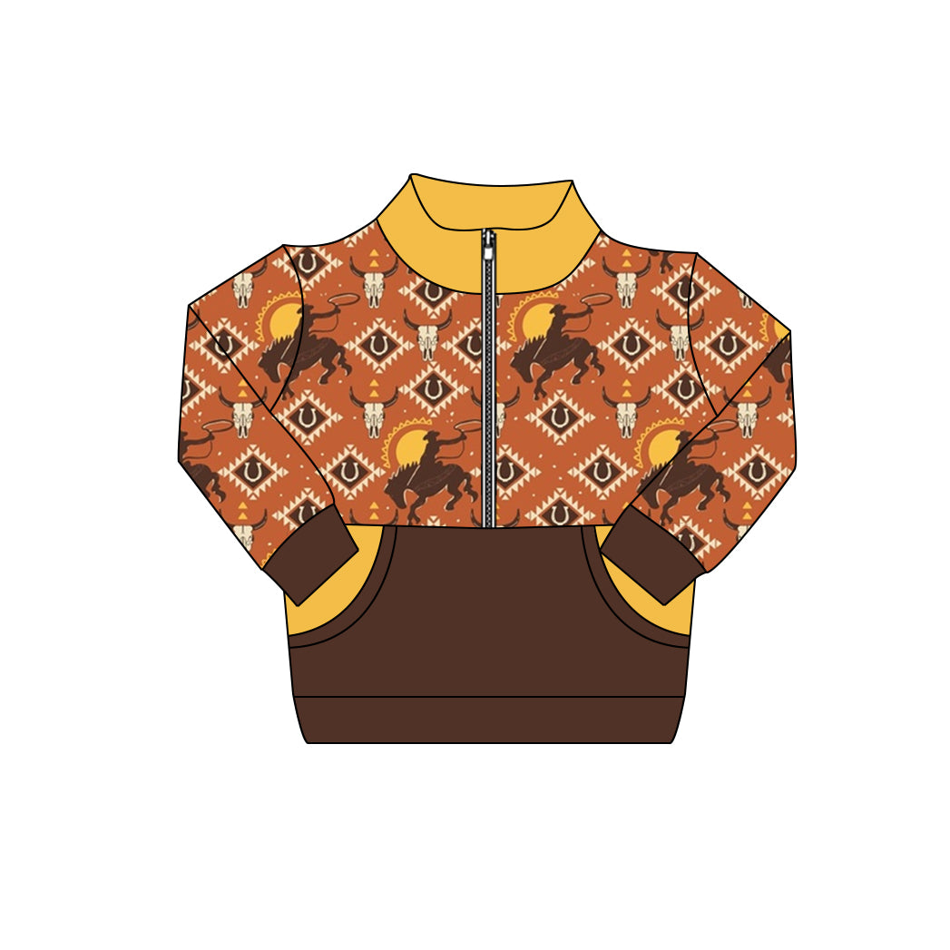 preorder BT1305 Western Aztec rodeo brown zipper long sleeve boys top