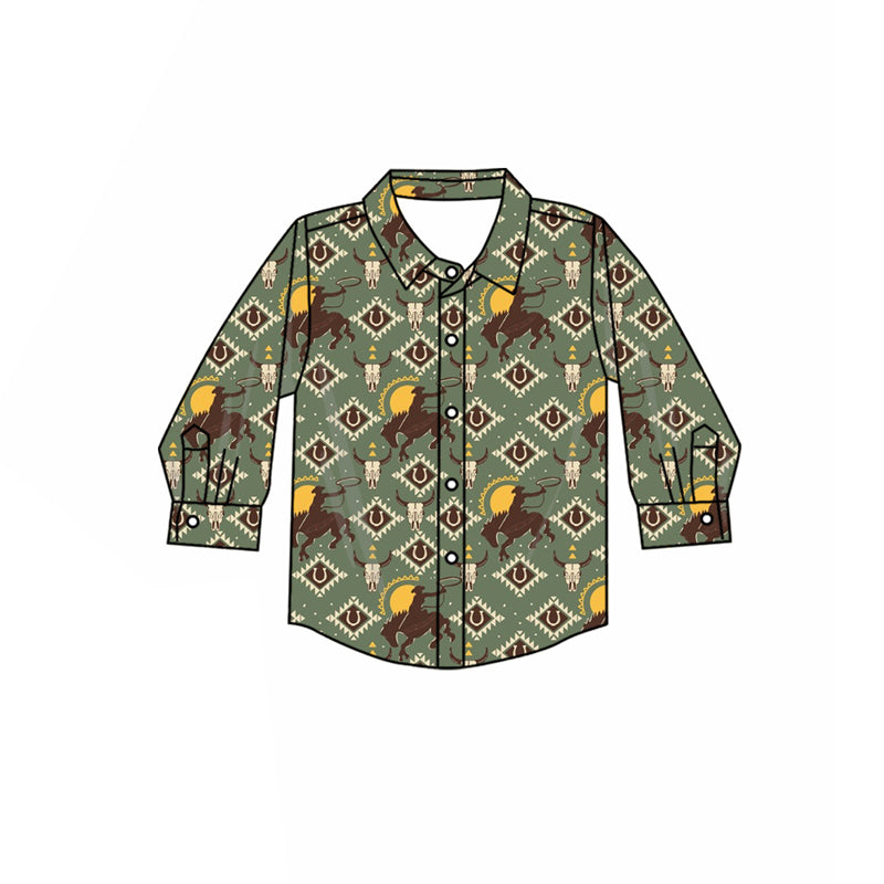 preorder BT1314 Western rodeo aztec green long sleeve boys top