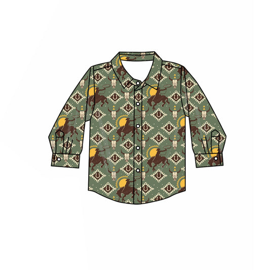 preorder BT1314 Western rodeo aztec green long sleeve boys top