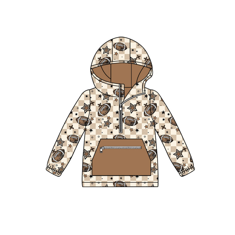 preorder BT1318 football star khaki checkered pocket hoodie long sleeve boys top