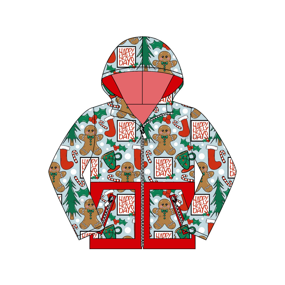 preorder BT1326 Christmas gingerbread man holly berry pockets hoodie long sleeve boys coat
