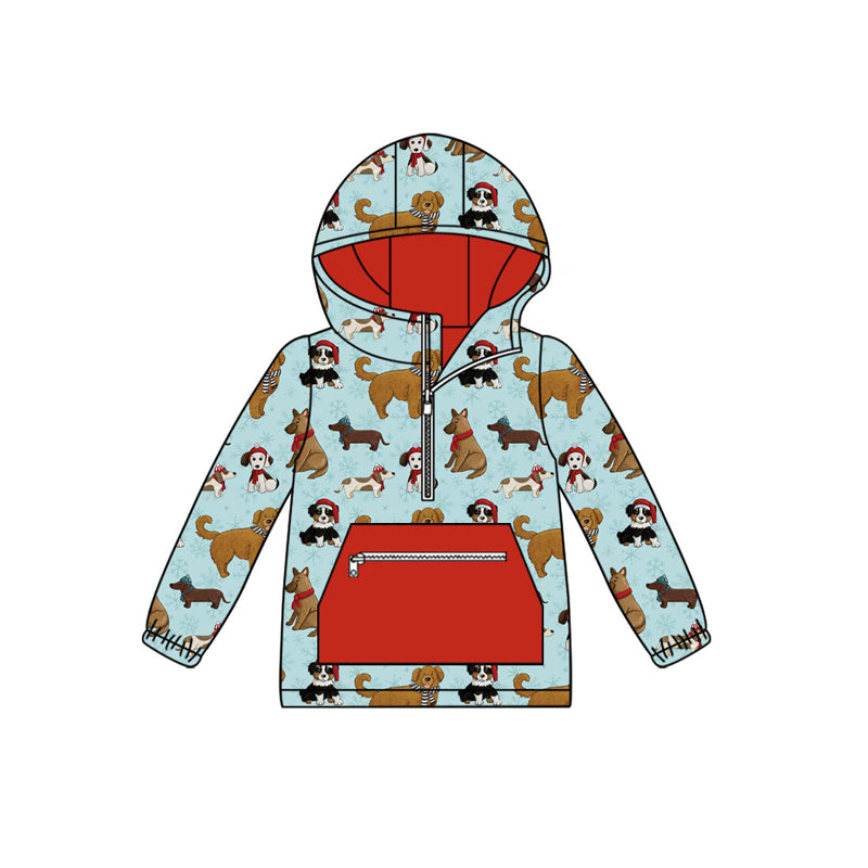 preorder BT1330 Christmas cute dogs blue red pocket hoodie long sleeve boys top