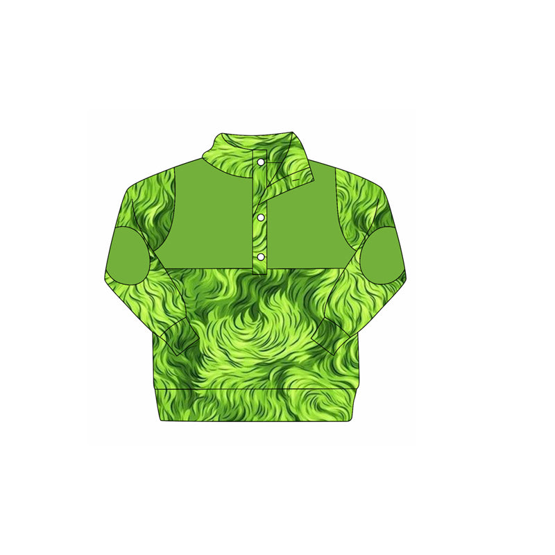 preorder BT1340 Christmas green button long sleeve boys top