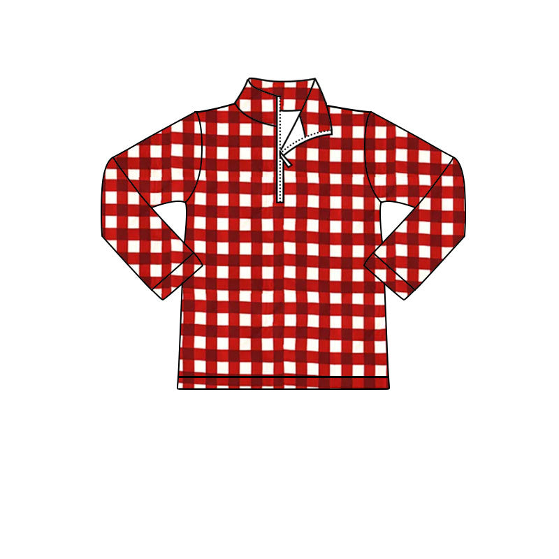 preorder BT1349 Christmas red checkered zipper long sleeve boys top