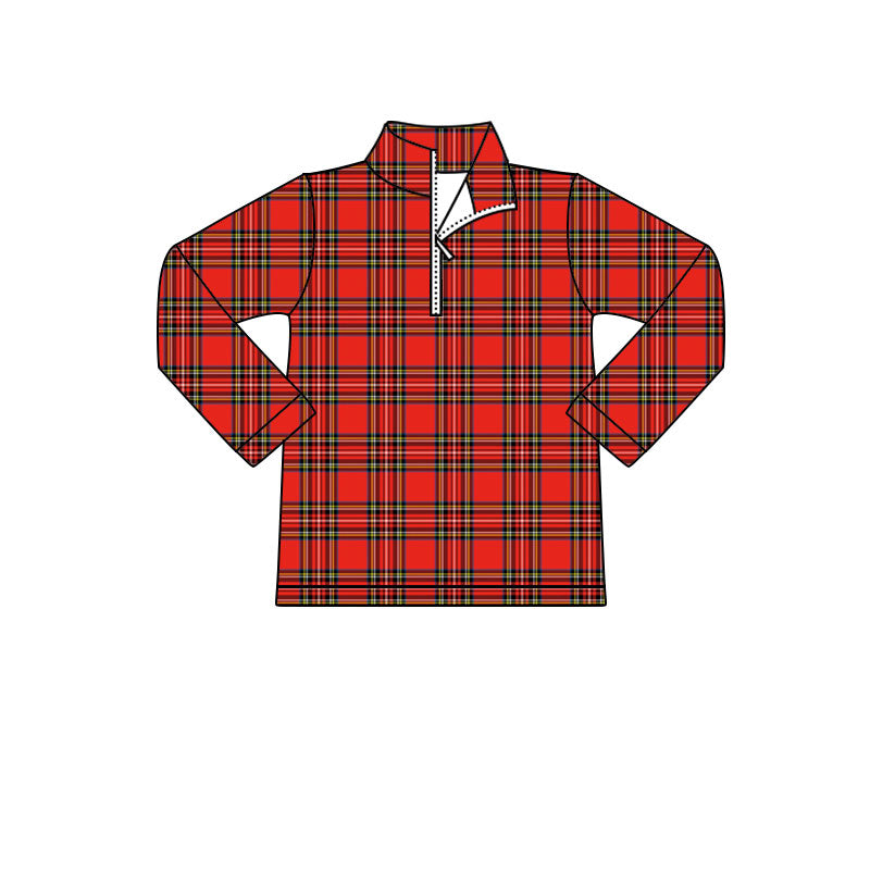 preorder BT1350 Christmas red checkered zipper long sleeve boys top