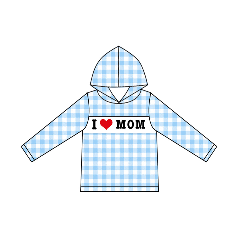 preorder BT1359 i love mom blue checkered hoodie long sleeve boys top