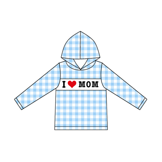 preorder BT1359 i love mom blue checkered hoodie long sleeve boys top