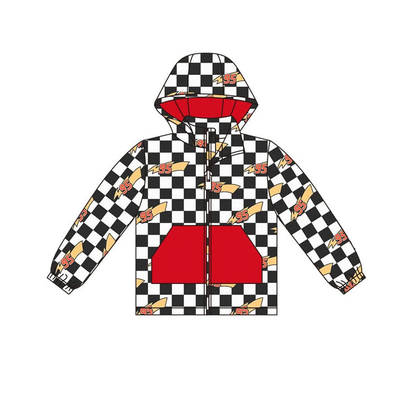 preorder BT1377 95 black checkered red pocket hoodie zipper long sleeve boys coat