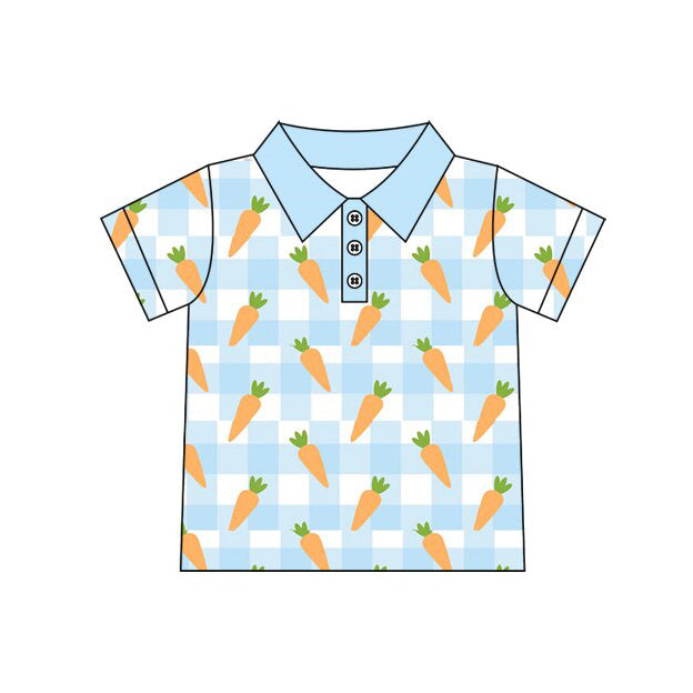 preorder BT1391 Easter carrot blue checkered short sleeve boys top