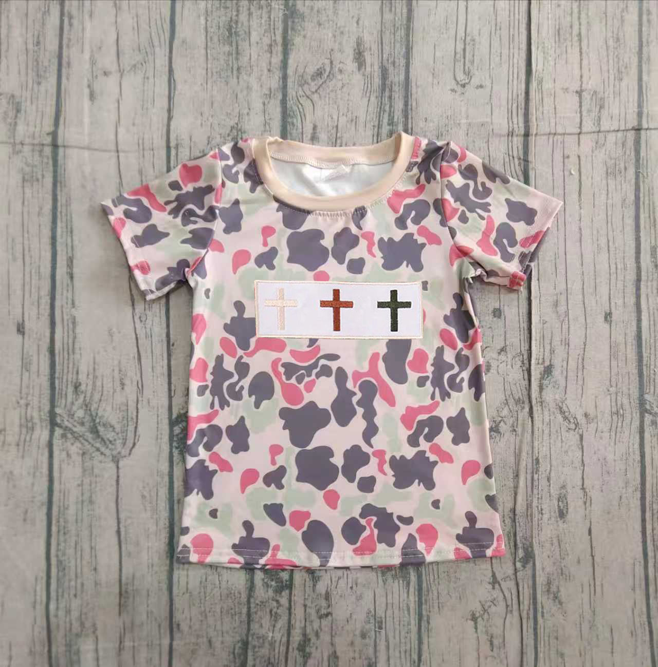 preorder samples BT1395 Easter cross camo short sleeve boys top