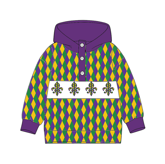 preorder BT1403 Mardi Gras yellow green purple hoodie long sleeve boys top