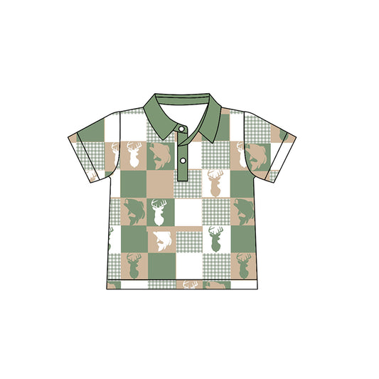 preorder BT1409 hunting fishing deer fish green short sleeve boys top