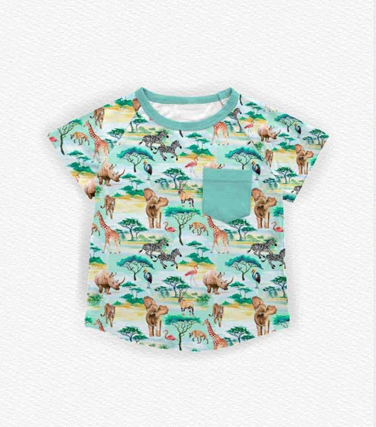 preorder BT1479 animals elephant green pocket short sleeve boys top