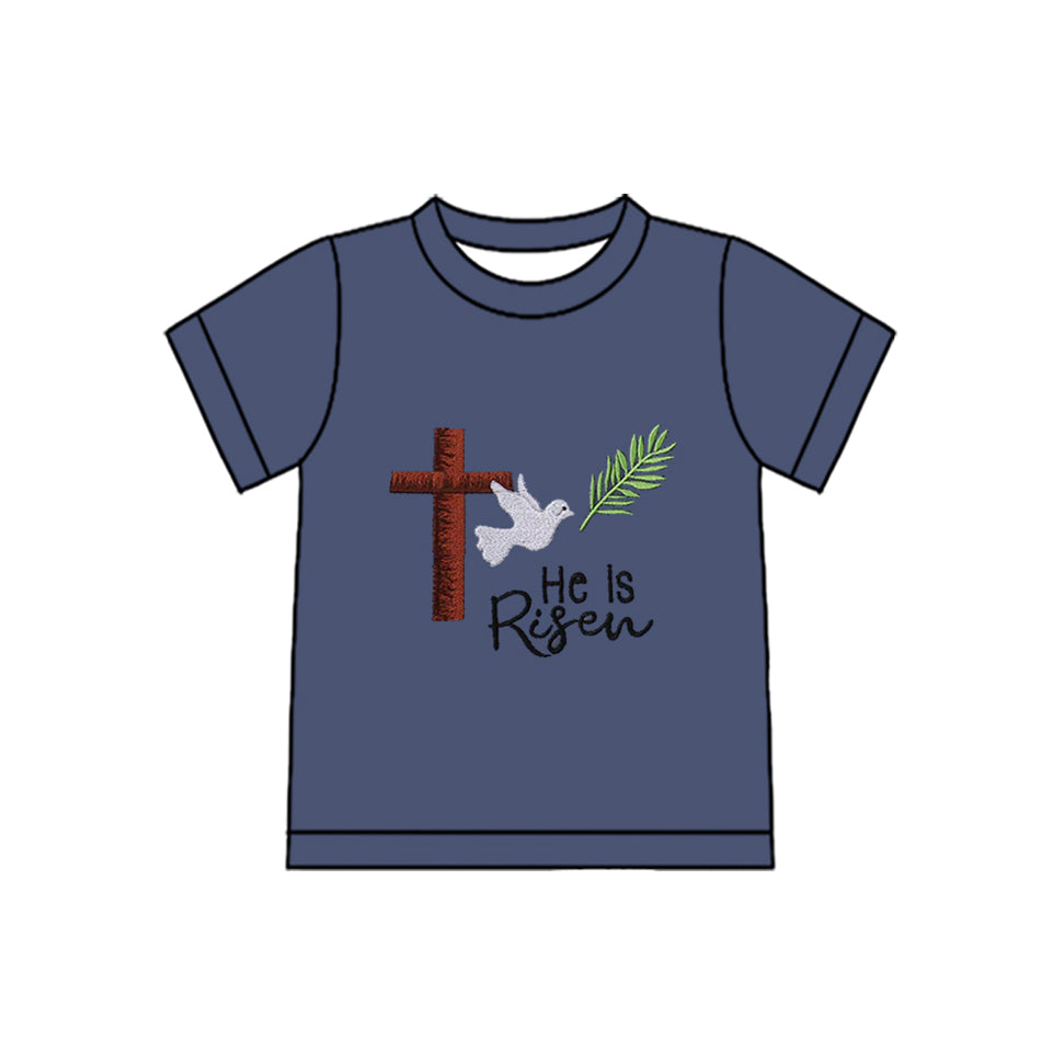 preorder BT1484 Easter he is risen cross navy blue short sleeve boys top