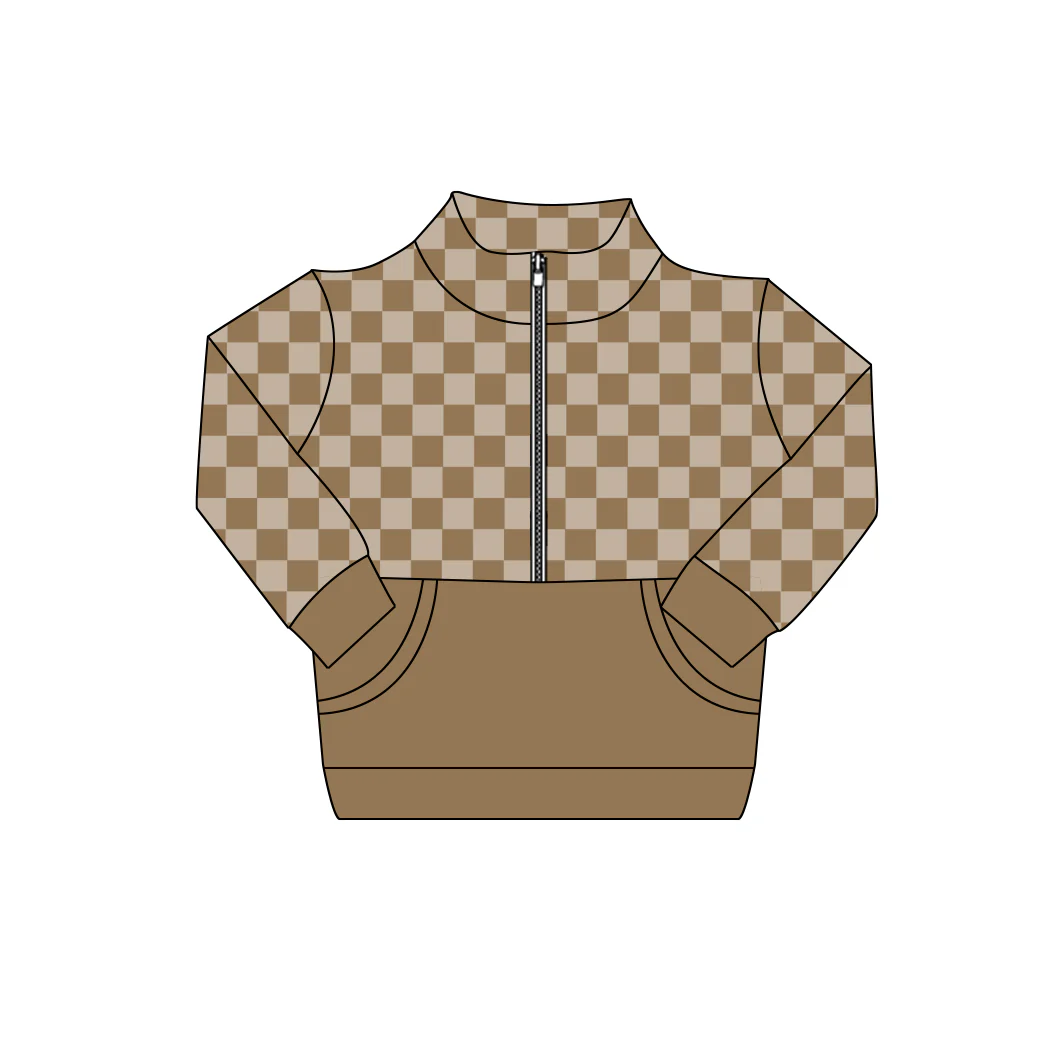 preorder BT1493 Brown Checkered Zipper Long Sleeve Boys Top