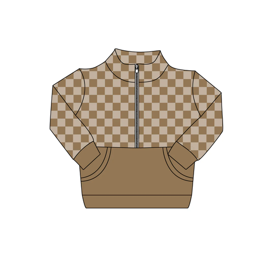 preorder BT1493 Brown Checkered Zipper Long Sleeve Boys Top