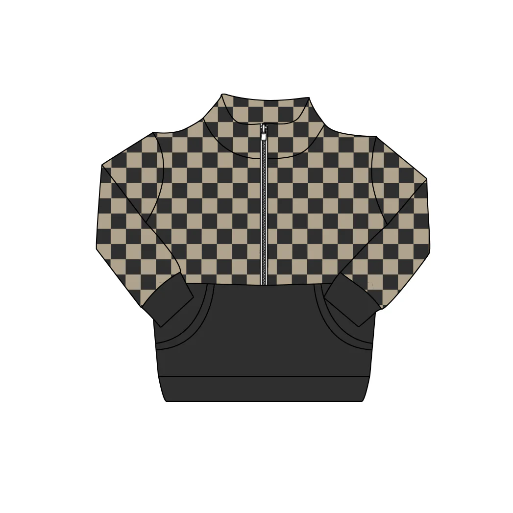 preorder BT1494 Black Checkered Zipper Long Sleeve Boys Top