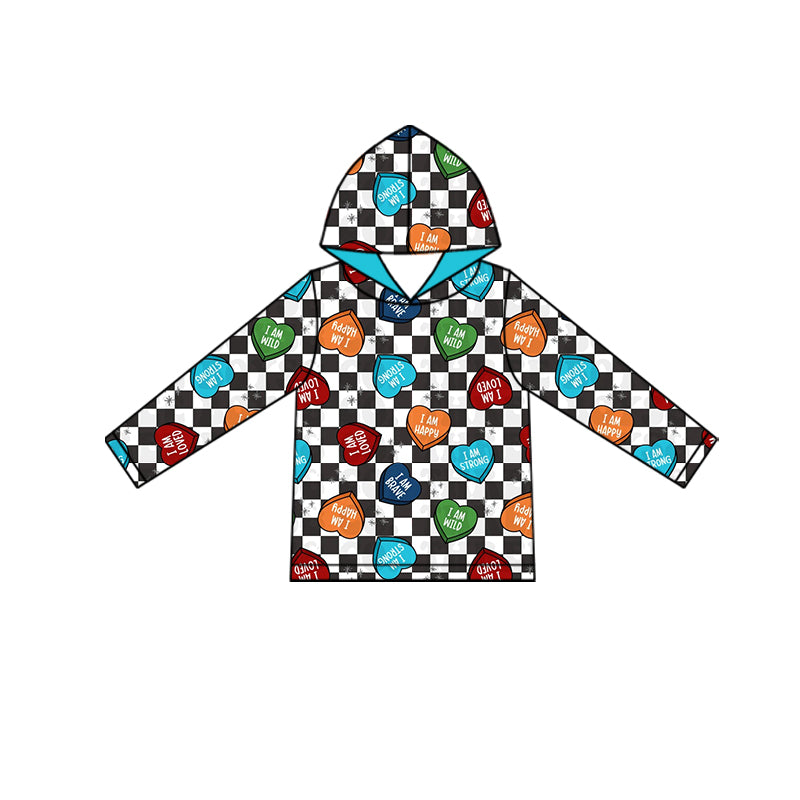 preorder BT1508 Valentine's Dag Heart Checkered Hoodie Long Sleeve Boys Top