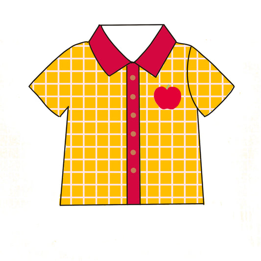 preorder  BT1543 Back To School Apple Orange Checkered Short Sleeve Boys Top
