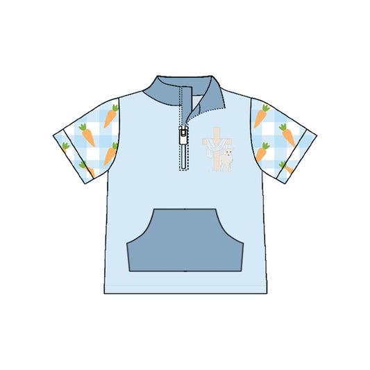 preorder BT1547 Easter Cross Sheep Carrot Blue Pocket Zipper Short Sleeve Boys Top