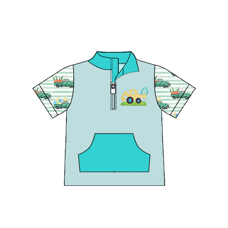 preorder BT1548 Easter Construction Truck Carrot Pocket Zipper Short Sleeve Boys Top