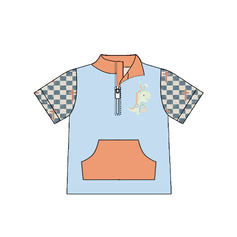 preorder BT1550 Easter Dinosaur Cross Pocket Zipper Short Sleeve Boys Top