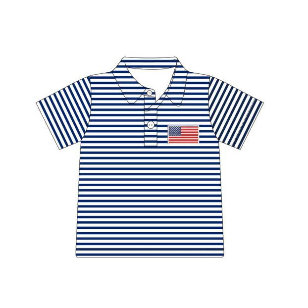 preorder BT1620 July 4th Flag Blue Striped Short Sleeve Boys Top