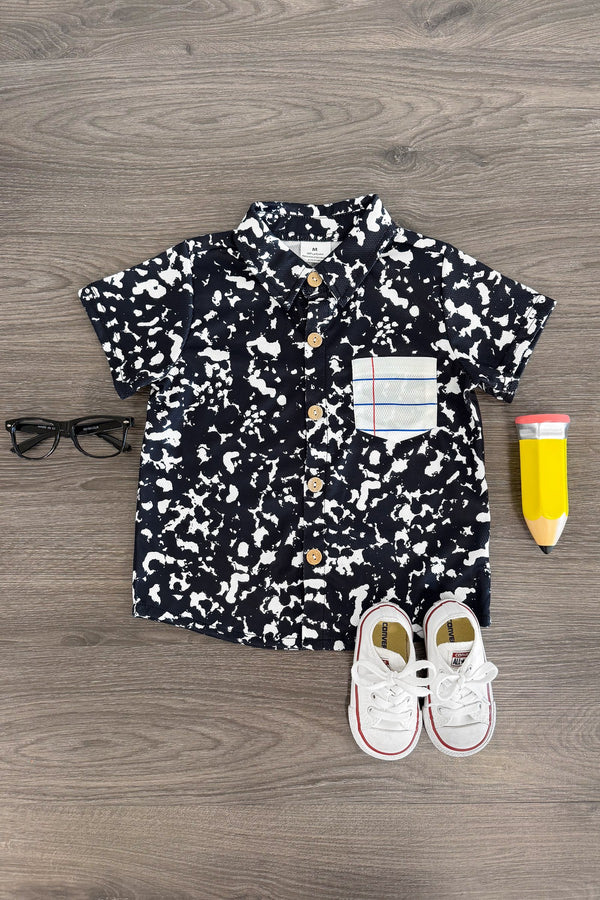 preorder BT1651 Back To School Ink Pattern Pocket Short Sleeve Boys Top