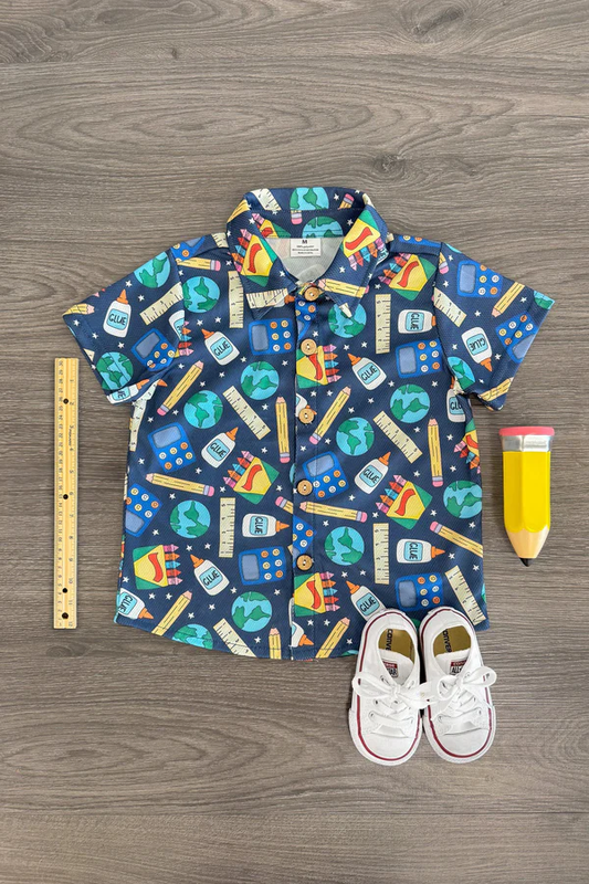 preorder BT1652 Back To School Clue Pen Blue Short Sleeve Boys Top