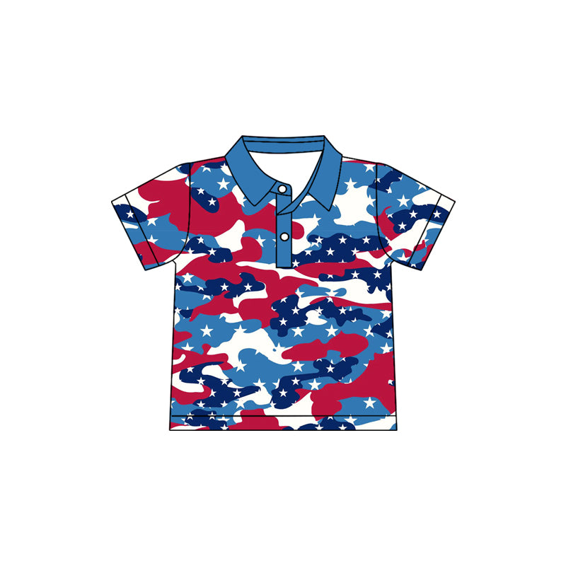 preorder BT1668 July 4th Star Blue Red Camo Short Sleeve Boys Top