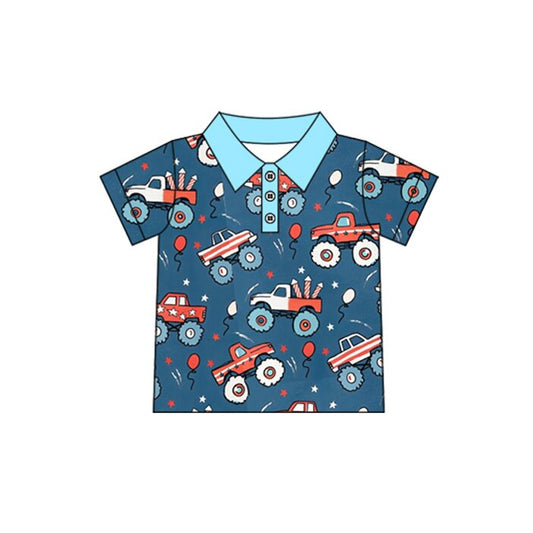 preorder BT1675 July 4th Car Balloon Blue Short Sleeve Boys Top