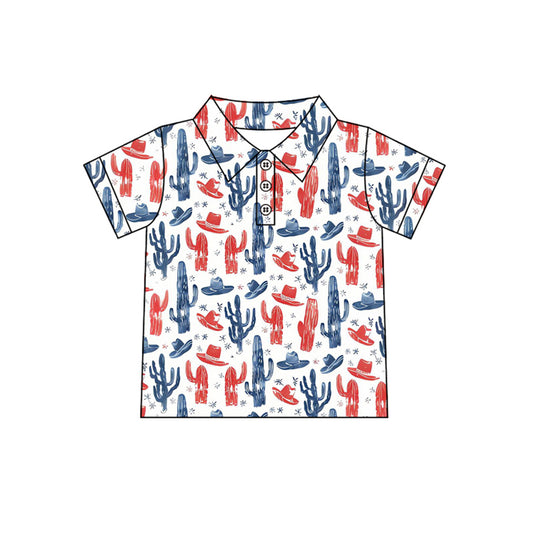 preorder BT1681 July 4th Blue Red Cactus Hat Short Sleeve Boys Top