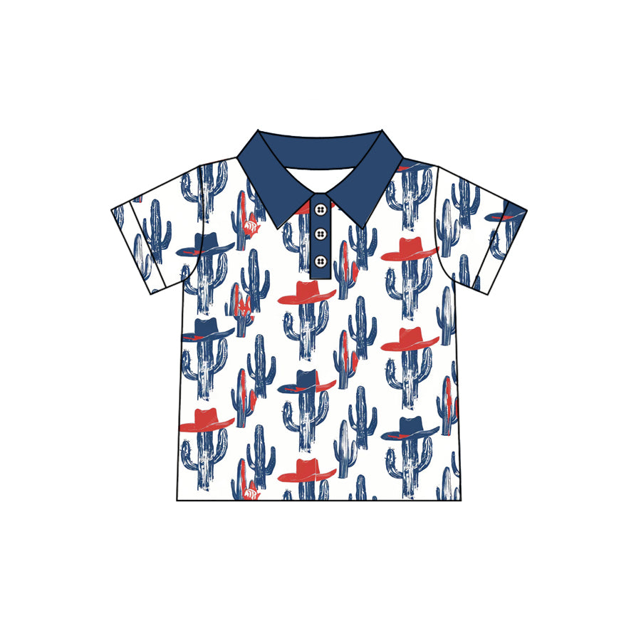 preorder BT1683 July 4th Western Cactus Red Short Sleeve Boys Top