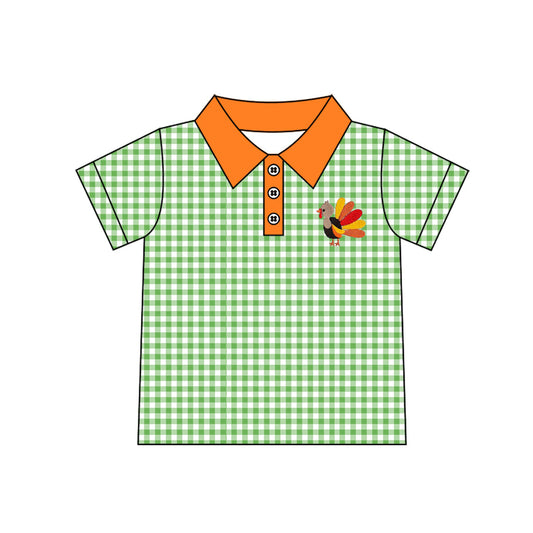 preorder BT1889 Thanksgiving Turkey Green Checkered Short Sleeve Boys Top