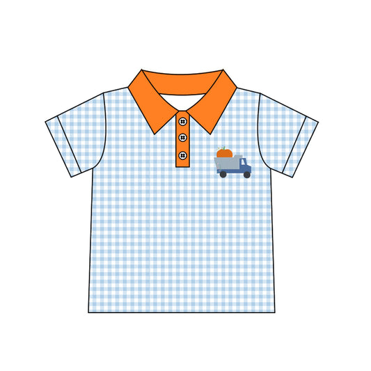 preorder BT1890 Truck Pumpkin Blue Checkered Short Sleeve Boys Top