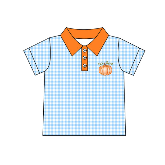 preorder BT1890 Pumpkin Blue Checkered Short Sleeve Boys Top