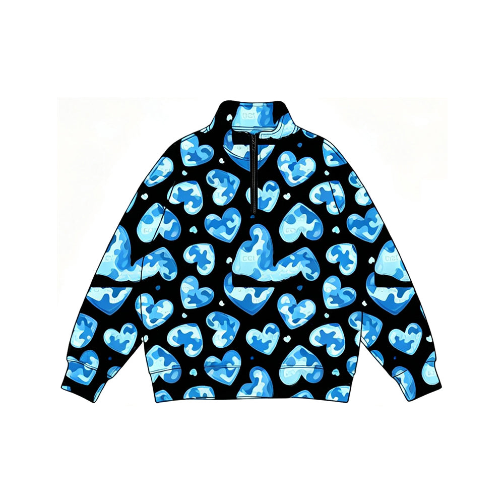 preorder BT1904 Valentine's Day Camo Heart Blue Zipper Long Sleeve Boys Top