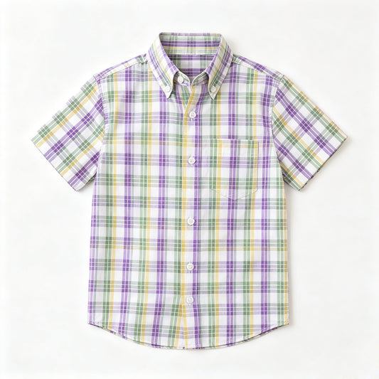preorder BT1957 Mardi Gras Checkered Short Sleeve Boys Top