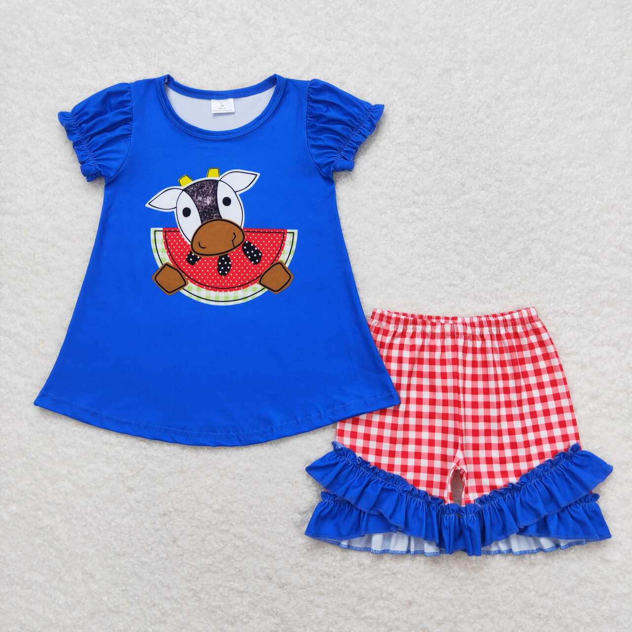 GSSO1048 cow watermelon blue short sleeve red checkered shorts girls set