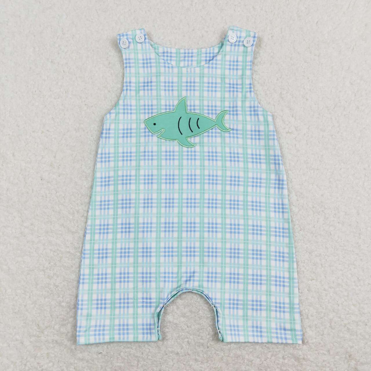 SR0651 Embroidery Green shark blue checkered sleeveless boys romper
