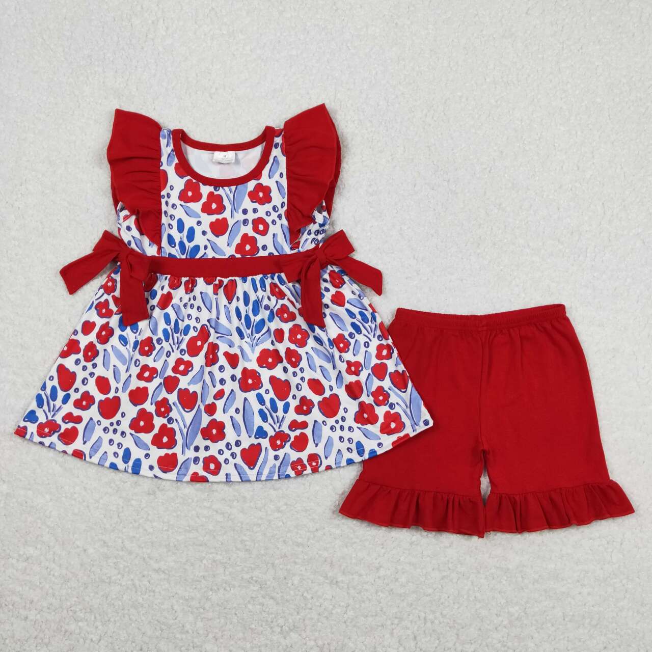 GSSO0609 Red Flowers Flutter Sleeve Red Ruffles Shorts Girls Summer Set