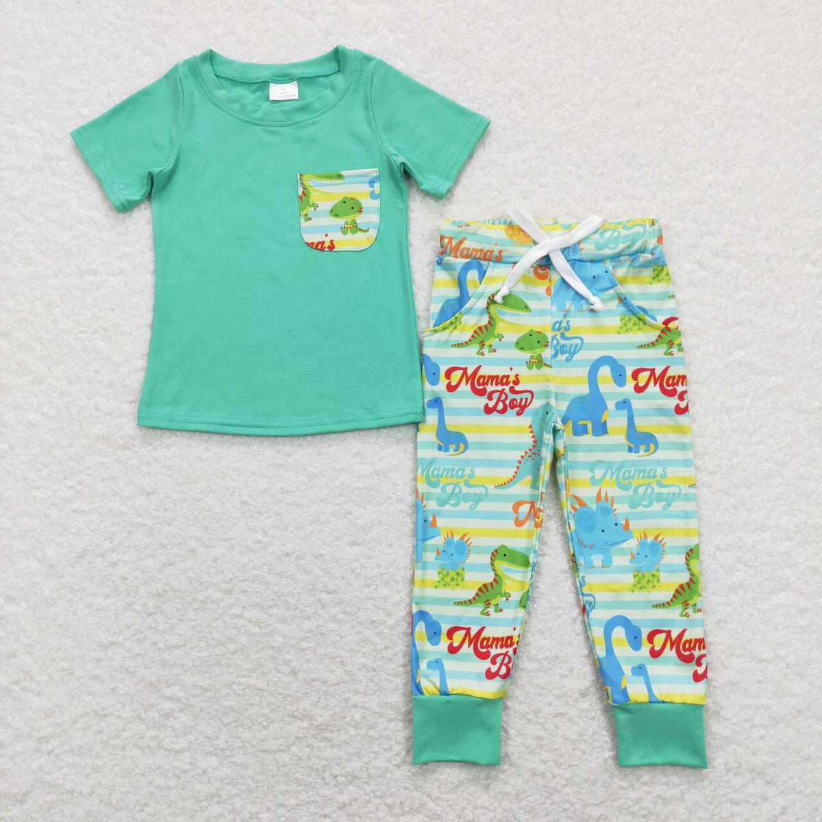 BSPO0204 Mamas boy dinosaur pocket short sleeve green striped pants boys set