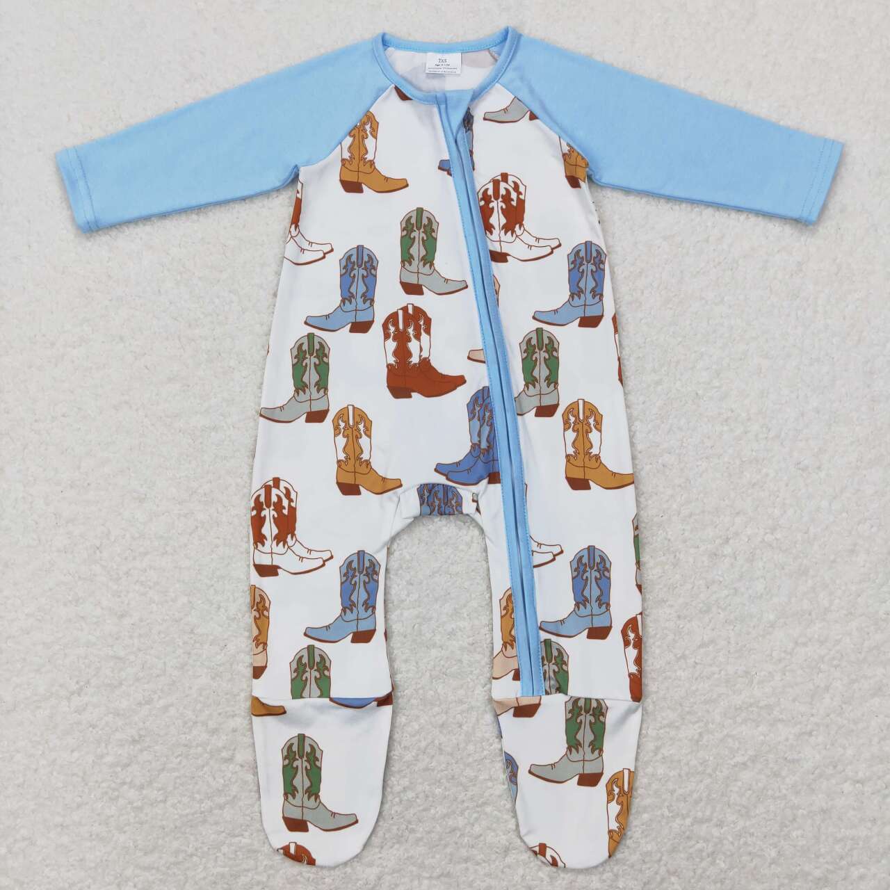 LR0853 Western boot blue long sleeve zipper girls romper