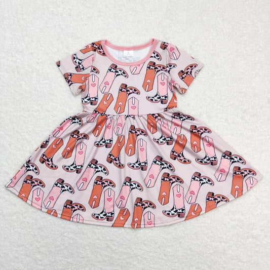 GSD0542 Western boot heart pink short sleeve girls dres