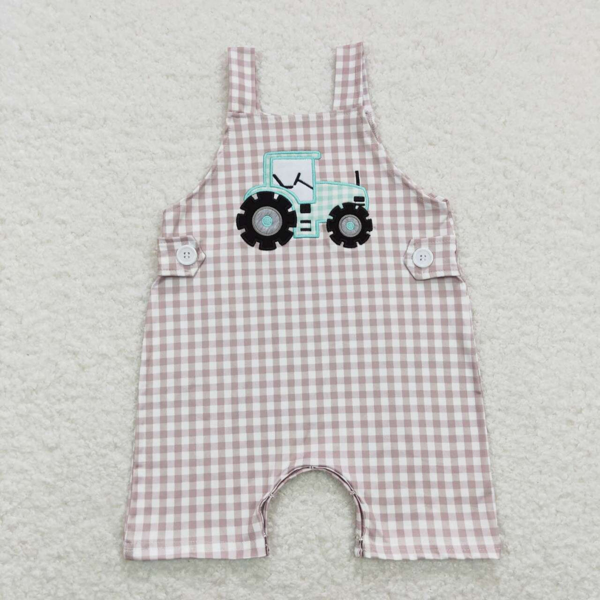 SR0631 Embroidery Farm tractor khaki checkered sleeveless boys romper