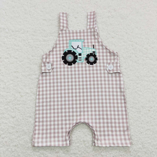 USA SHOP SR0631 Embroidery Farm tractor khaki checkered sleeveless boys romper